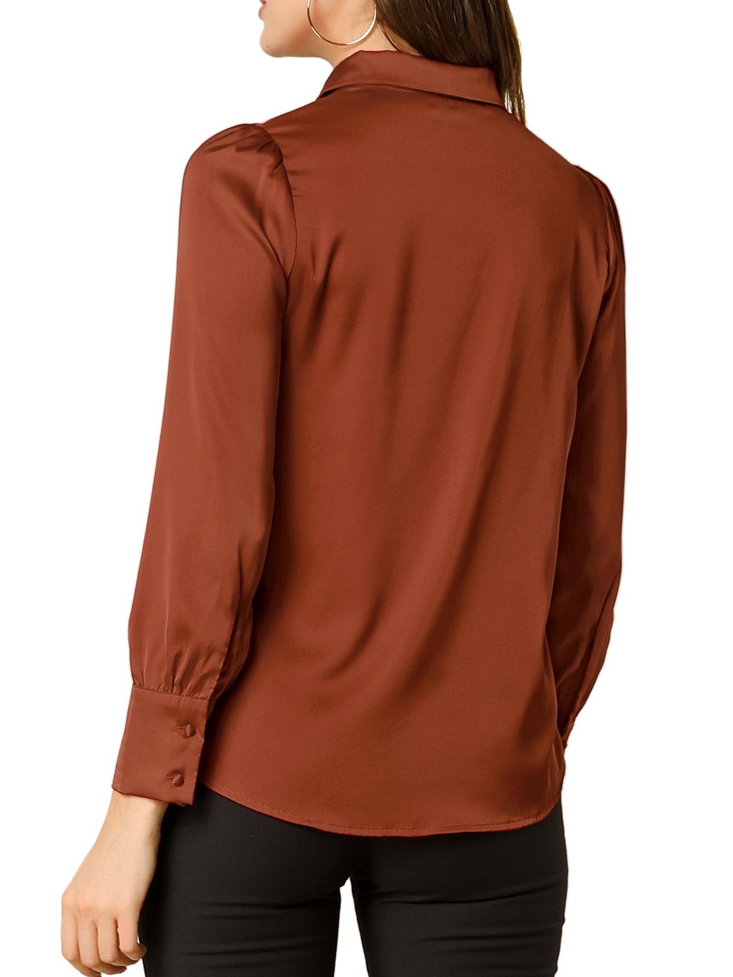 DARING DIVA Turn Down Collar Puff Sleeve Work Shirt L Burnt Orange