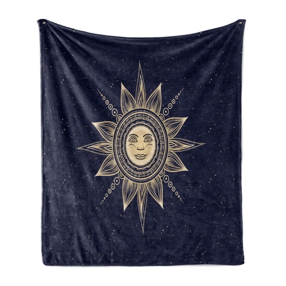 Psychedelic Soft Flannel Fleece Throw Blanket, Vintage Occult Sun with Face Boho Esoteric Solar Display Print, Cozy Plush for Indoor and Outdoor Use, 50" x 70", Dark Blue Yellow, by Ambesonne