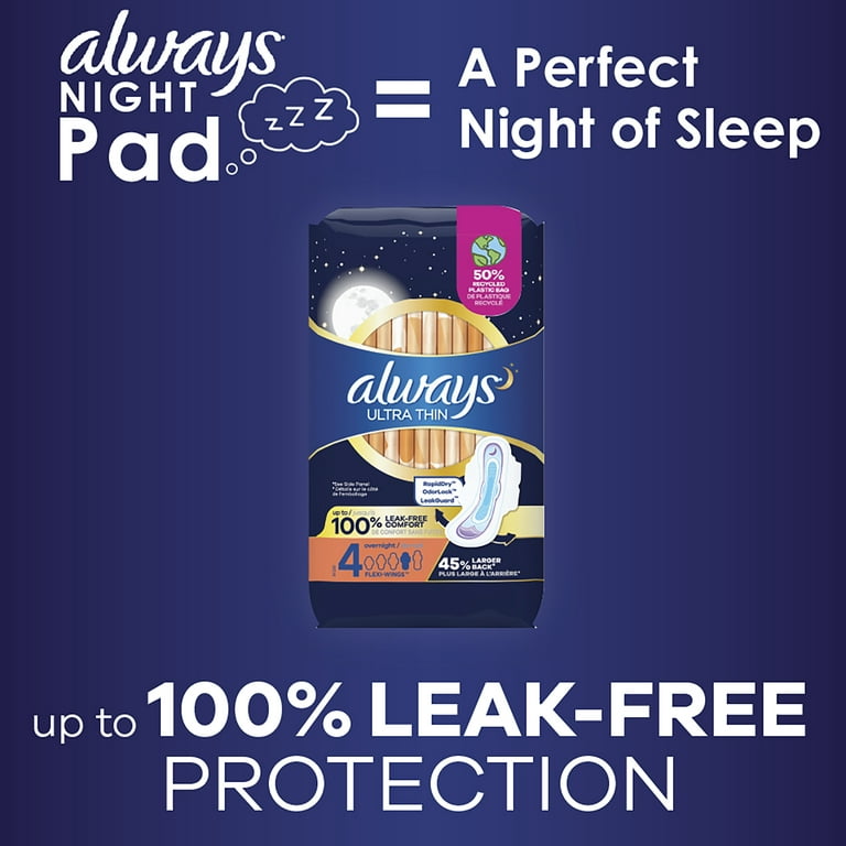 Always ZZZ Overnight Pads for Women, Size 6, Unscented with Wings, 10 Ct