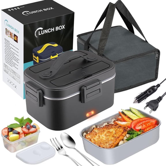 Electric Lunch Box, Portable Food Heater for Adults, Fast Heating Food Warmer for Car Truck Home Office 110V/12V/24V with 1.8L 304 Stainless Steel Container, Fork Spoon and Bag