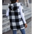 thumbnail image 4 of Sleeveless Cardigan Open Front Hooded Plaid Pattern Plain Black Double Sided Plush Loose Long Cardigan Vest Outwear Coat Black XL, 4 of 6
