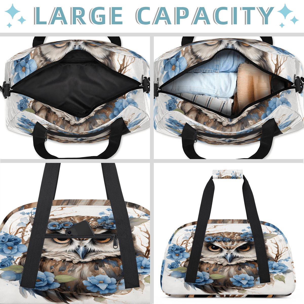 Herdesigns Cartoon Owl Sports Duffle Bag for Women & Men, Flower Owl Gym Bag Dance Bag Overnight Bag Carry On Weekender Travel Bag