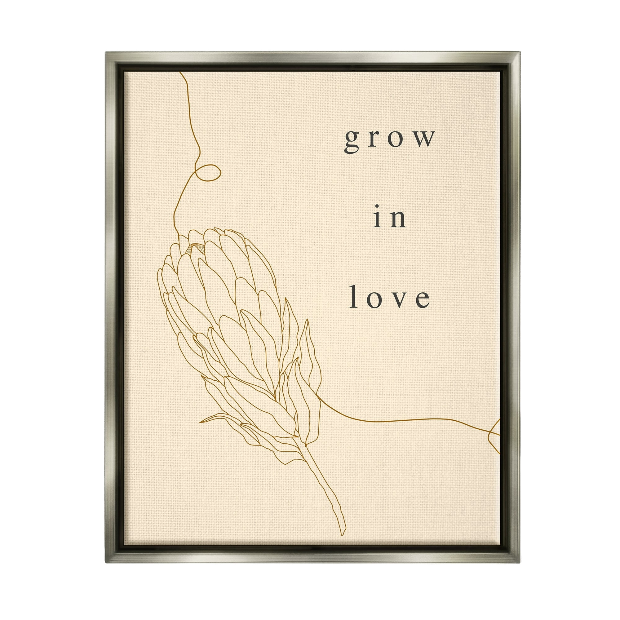 Stupell Industries Grow In Love Quote Plant Blossom Line Drawing Luster Gray Framed Floating Canvas Wall Art, 16x20, by Lil' Rue