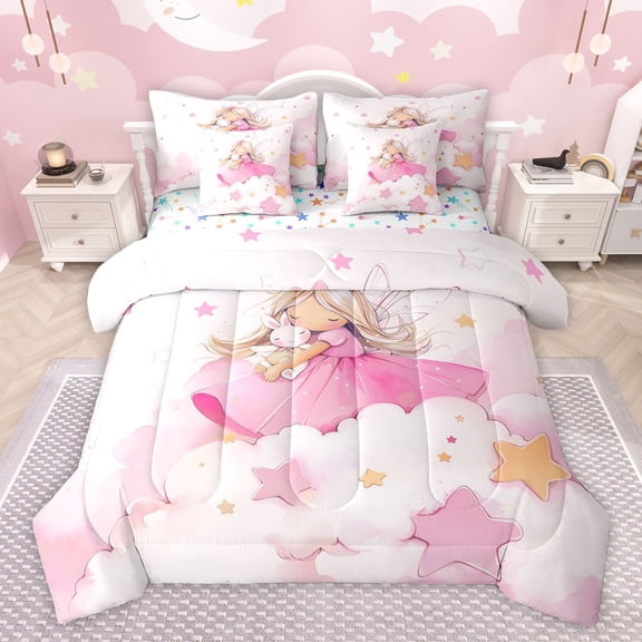 Castle Fairy Preppy Child Kawaii Rabbit Girl Twin Bedding Sets 7-Piece,Starry Sky Bedding Comforter Set Microfiber,Dreamy Princess Breathable Sheet Sets,Super Cozy Room Decor,Reversible
