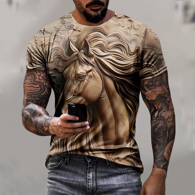 Weiqiqre T-shirt Homme Décontracté Imprimé Steed Tee Graphique Tee Extérieur Quotidien Vacances Manches Courtes Col Rond Parfait pour Tenue de Rue Décontractée