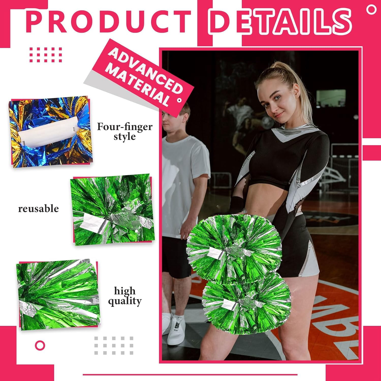 8 PCS Metallic Cheerleading Pom Pom for Team Spirit Sports Dance Cheering Kids Adults