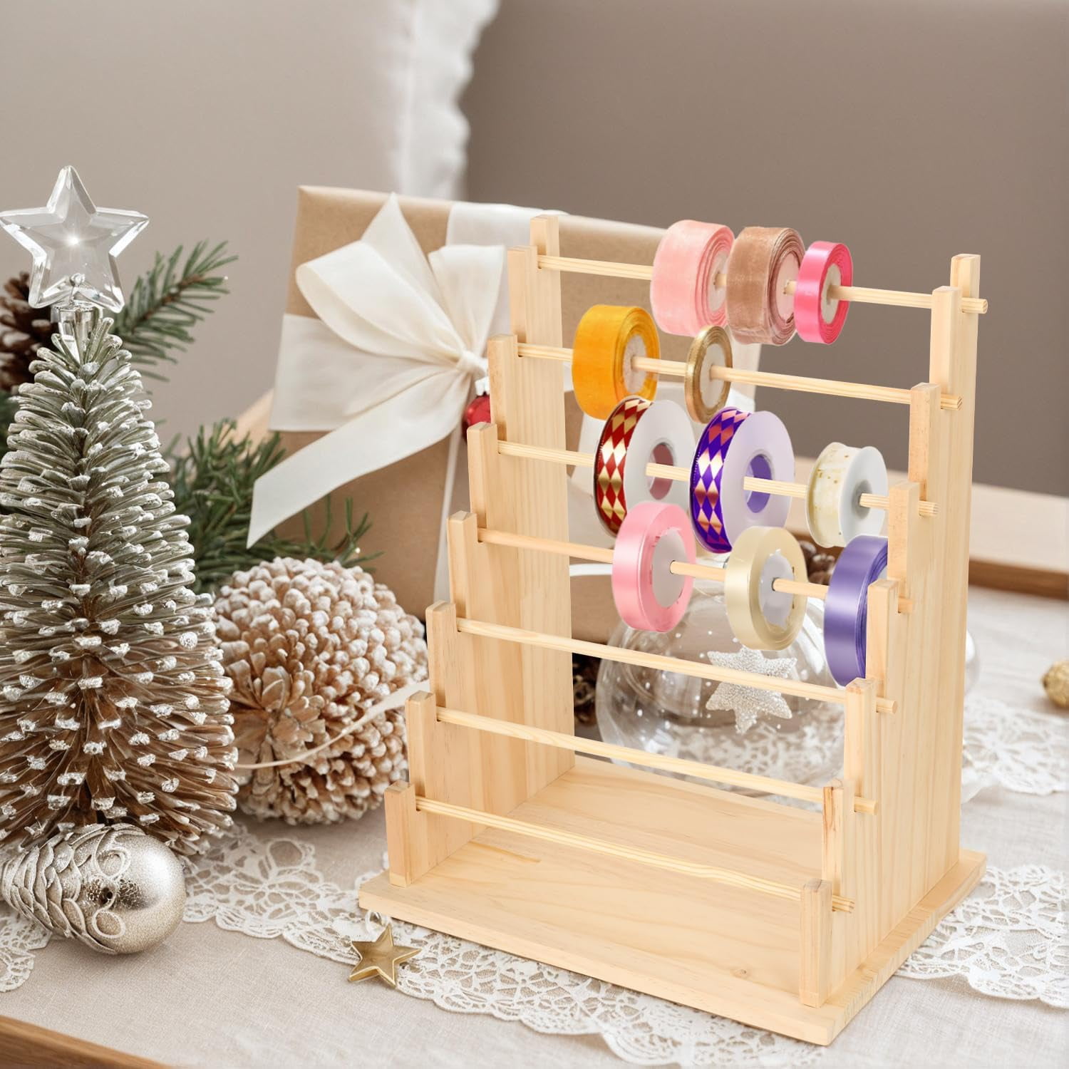 Wooden Ribbon Organizer Rack,Large Capacity Ribbon Holder, Ribbon Spool Holder Stand, Washi Tape Storage Organizer, Wooden Sewing Organizer Display Shelf for Craft Room,Cake Shop(7 Tier)