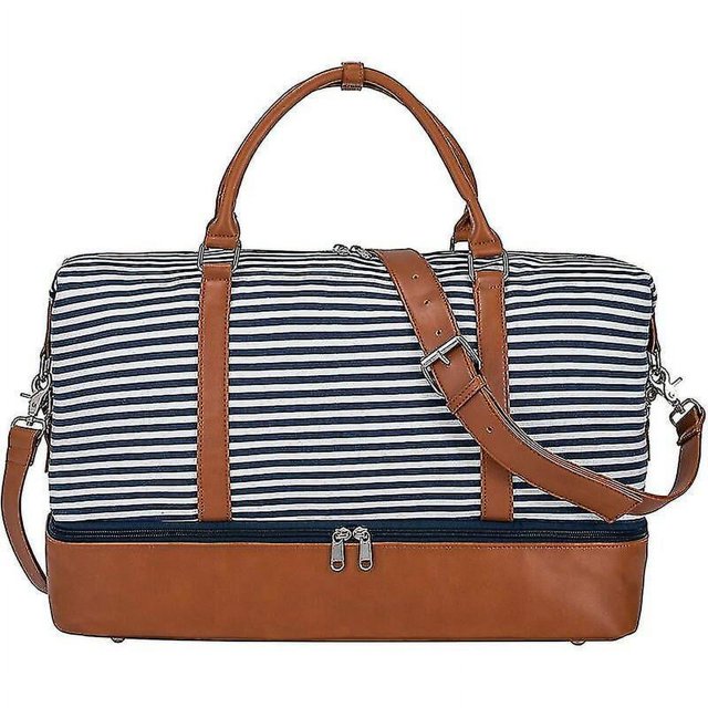 Bolso de viaje para mujer, bolso cruzado de cuero de PU de lona para fin de semana, bolso de mano grande con compartimento para zapatos (rayas azules) Hy