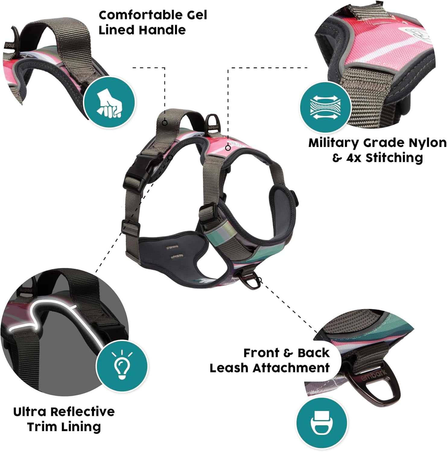 Embark Urban Dog Harness, No-Pull Reflective Trim Dog Harness for Small, Medium & Large Dogs - Military Grade Nylon, 2 Leash Clips & Gel Lined Handle. Soft & Padded Puppy Dog Vest for Any Breed