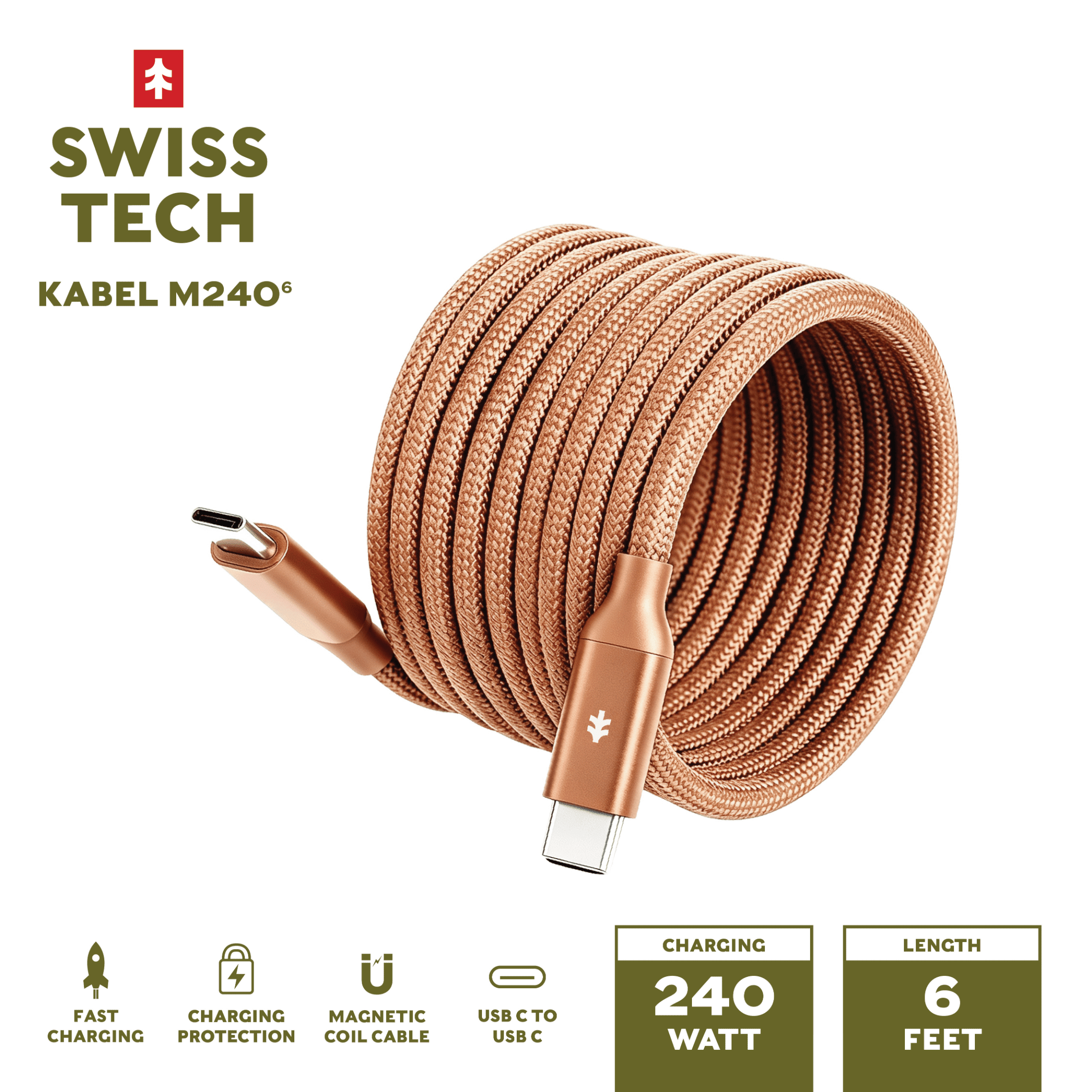Swiss Tech Kabel M240 6 ft 240W Magnetic Self-Coiling USB-C Charging Cable, Terra Orange