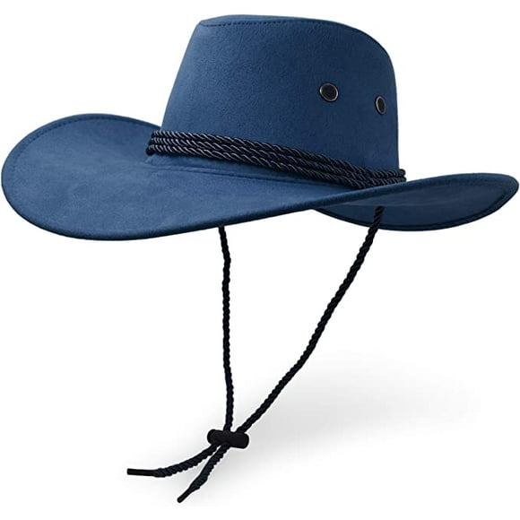 TESNN Chapeau de cowboy, chapeau de soleil en similicuir feutre, casquette de voyage en daim, chapeau occidental, protection solaire extérieure, bleu marine