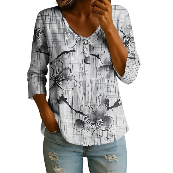 CLOISE Womens 3/4 Sleeve Tops Casual Shirts Loose Floral V Neck Pullover Fall Clothes Multicolor 2XL