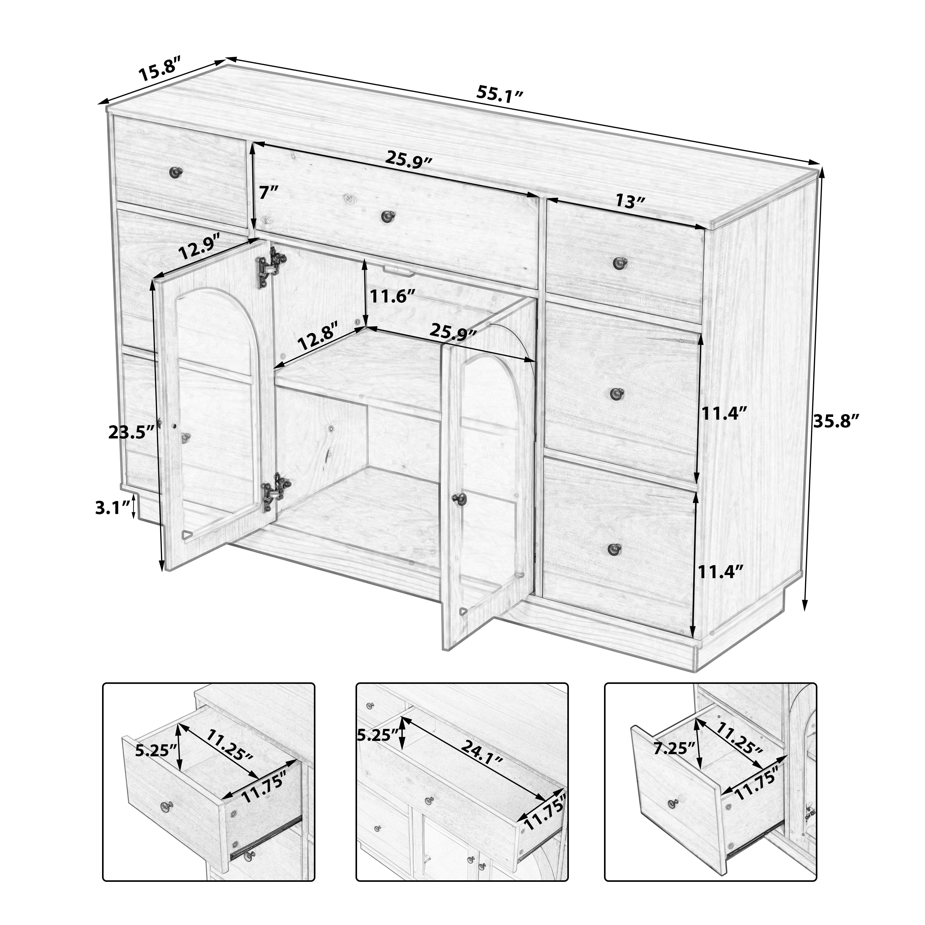 Cabinet With Storage for Living and Dining Room Entrance, Large Size, 2 Doors And 7 Drawers, Natural