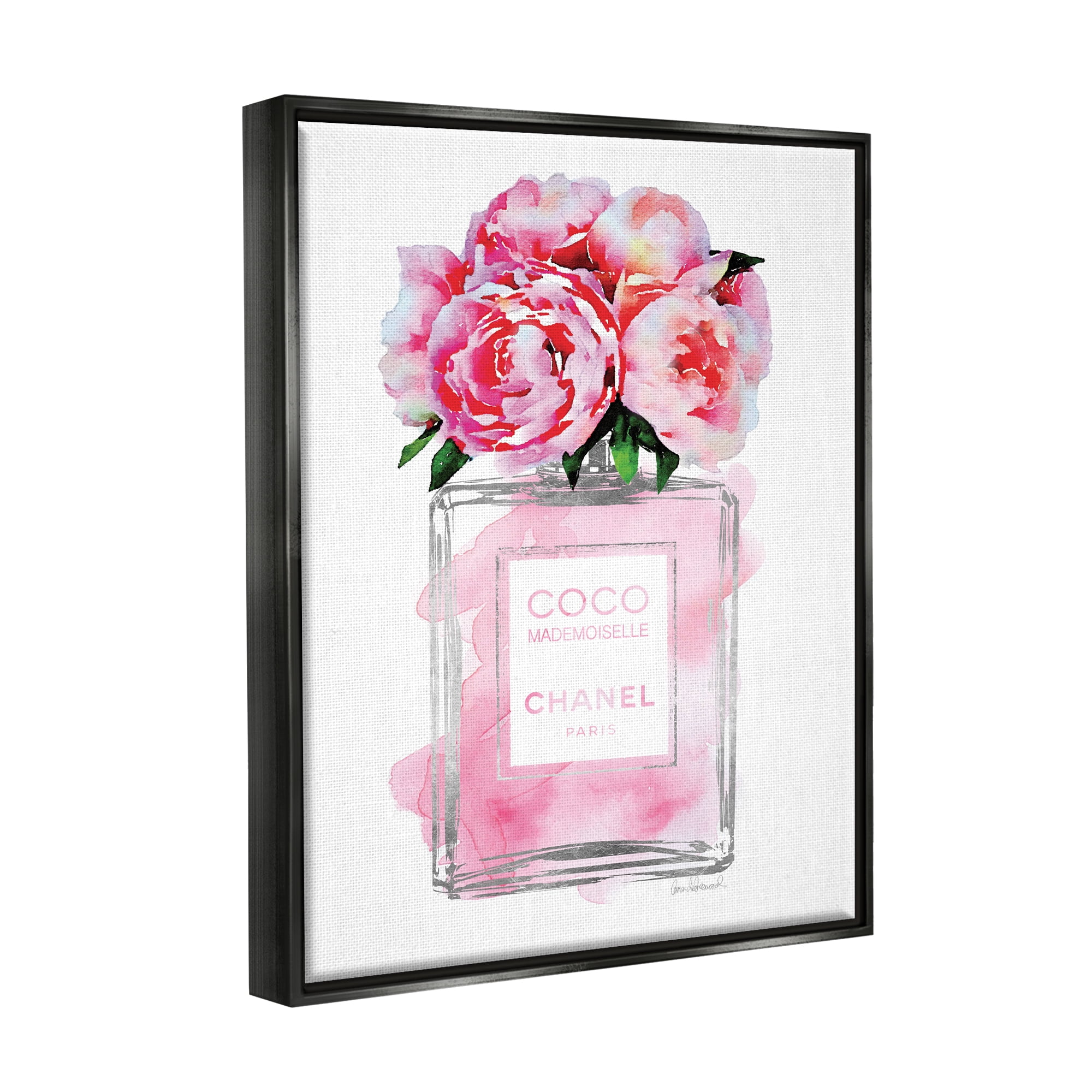 Stupell Industries Glam Perfume Bottle V2 Flower Silver Pink Peony Jet Black Framed Floating Canvas Wall Art, 24x30, by Amanda Greenwood