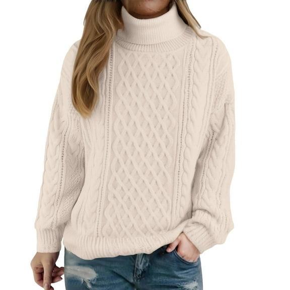 Breezora Women Cable Knit Sweater High Neck Pullover Casual Warm Long Sleeve Winter Jumper Coat L Size Beige