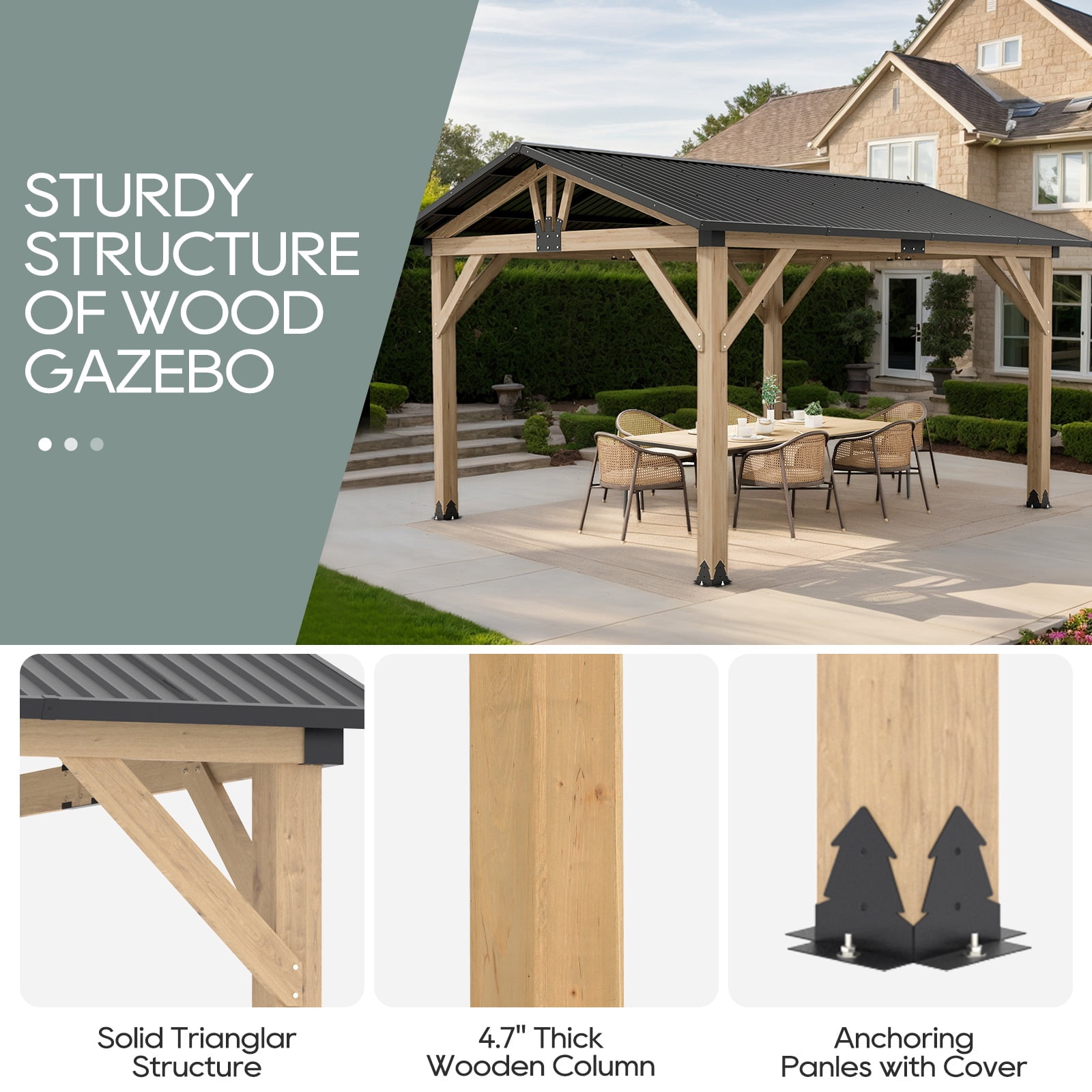 11‘x13’ Outdoor Patio Wooden Gazebo - Cedar Solid Wood Gazebo with Galvanized Steel Roof, Wooden Frame, Pavilion for Lawns, Beach, Patio, Garden (11X13FT)