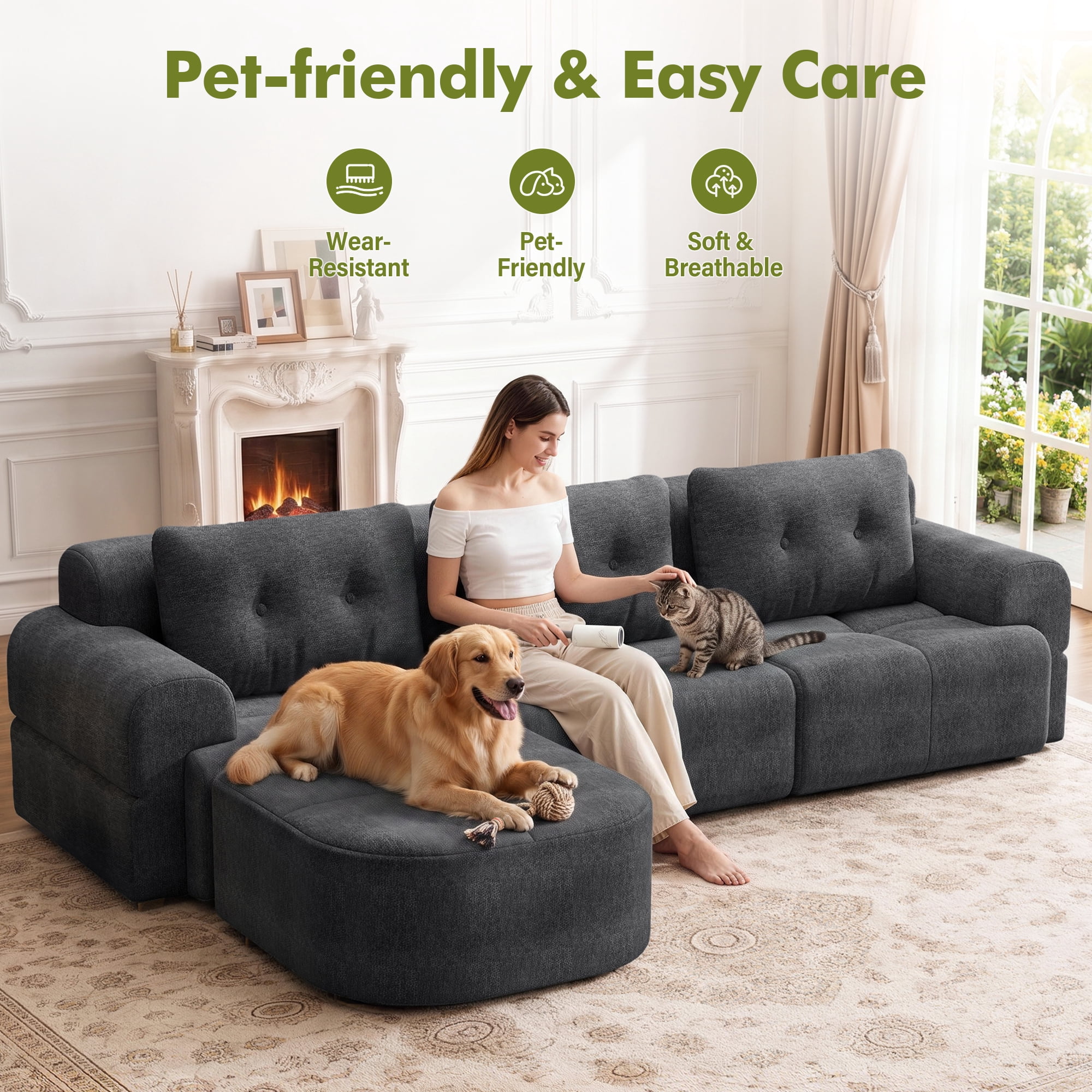 Aukfa 112" Modular Sectional Sofa with Chaise, Full-Foam Boneless Cloud Couch, Woven Chenille Oversized Deep Seat Sofa with 3 Pillows for Living Room, Dark Gray