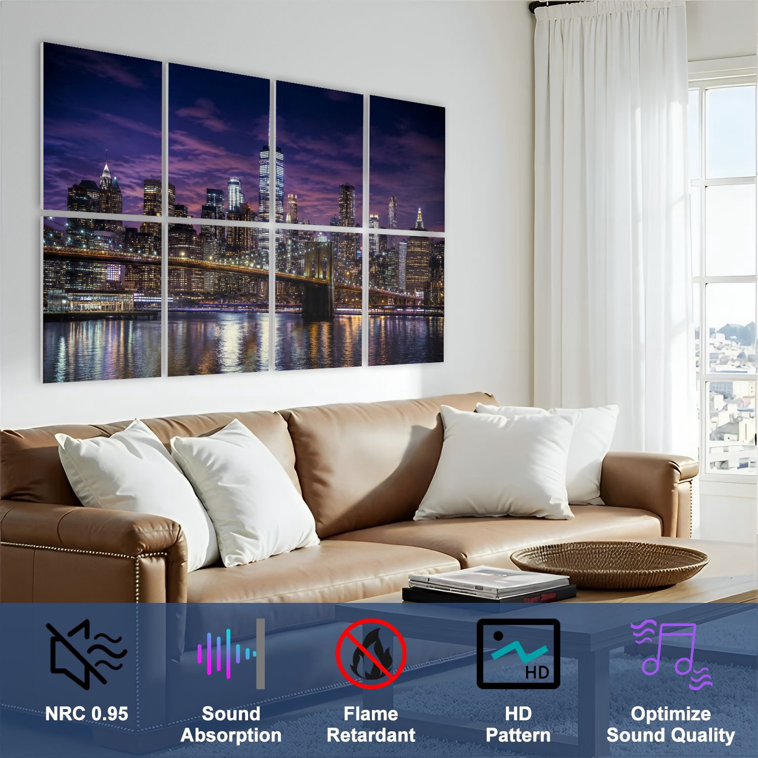 8 Pack Art Acoustic Panels Sound Absorbing New York skyline Brooklyn Bridge by night Decorative Soundproof Wall Panels Self Adhesive for Nursery Game Room Bedroom 48"x32"