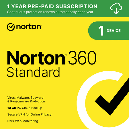 Norton 360 Standard, Antivirus Software for 1 Device, 1 Year Subscription, PC/Mac/iOS/Android [Digital Download]