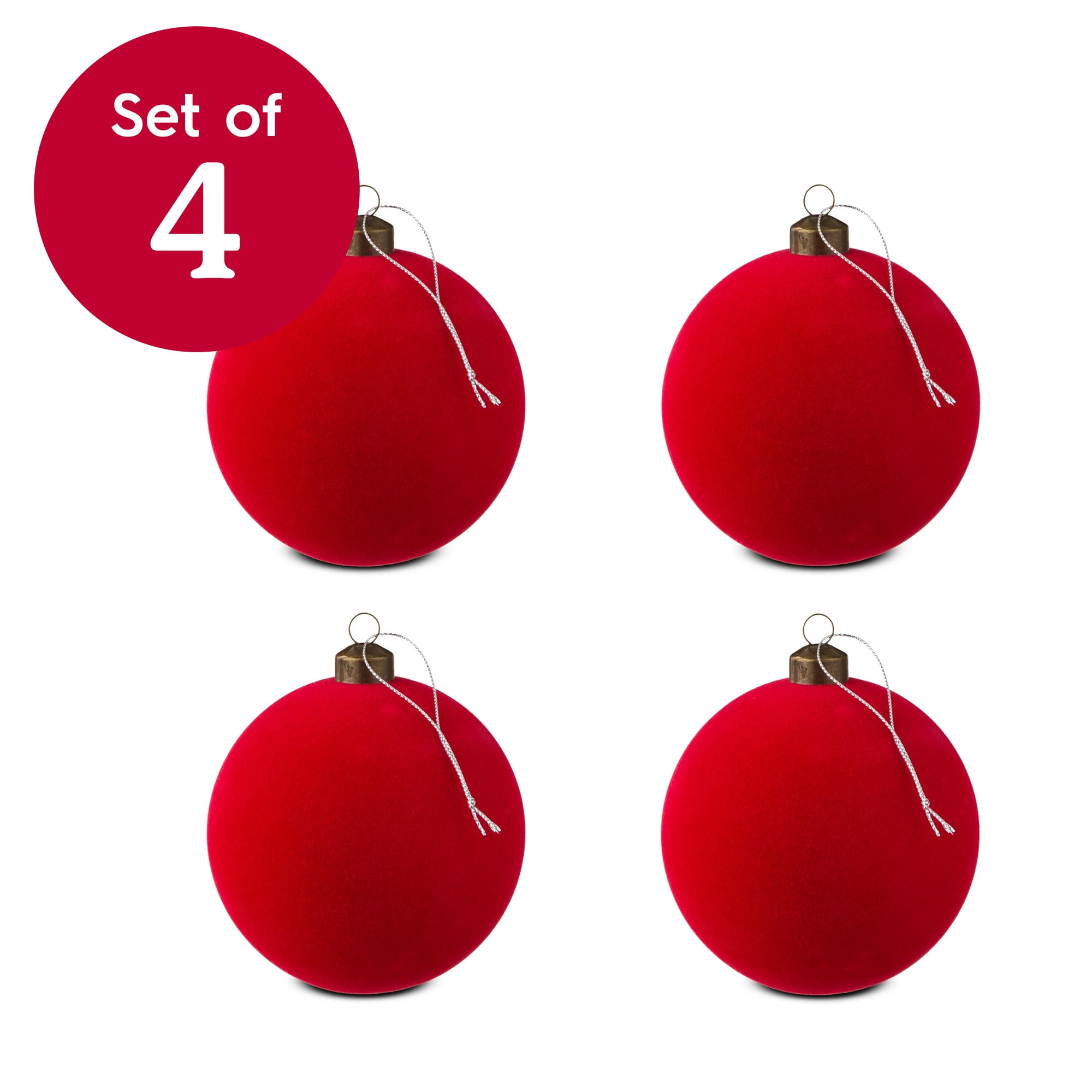 4 Count Bright Red Velvet-Feel Ball Christmas Ornaments, by Holiday Time
