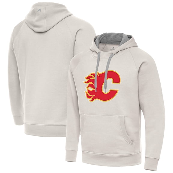 Men's Antigua Cream Calgary Flames Big Logo Victory Pullover Hoodie
