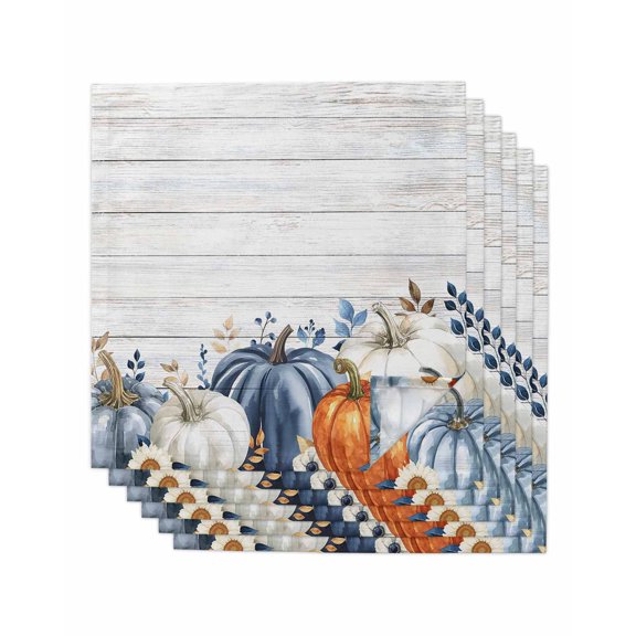 Fall Pumpkin Cloth Napkins Set of 6 Reusable Dinner Napkins, Thanksgiving Blue White Orange Plants Wood Cocktail Napkin Washable Table Napkins for Wedding/Holiday Party/Baby Shower 20"x20"