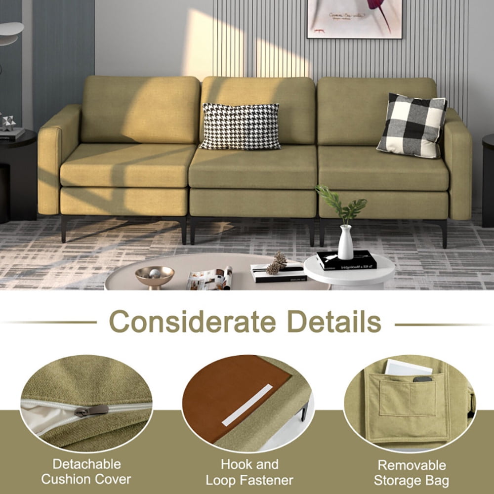Finihen Sectional Sofa Couch, 3-Seat Sectional Sofa Couch with Armrest Magazine Pocket and Metal Leg, for Living Room, Bedroom, Green Finihen Sectional Sofa Couch, 3-Seat Sectional Sofa Couch with Armrest Magazine Pocket and Metal Leg, for Living Room, Bedroom, Green