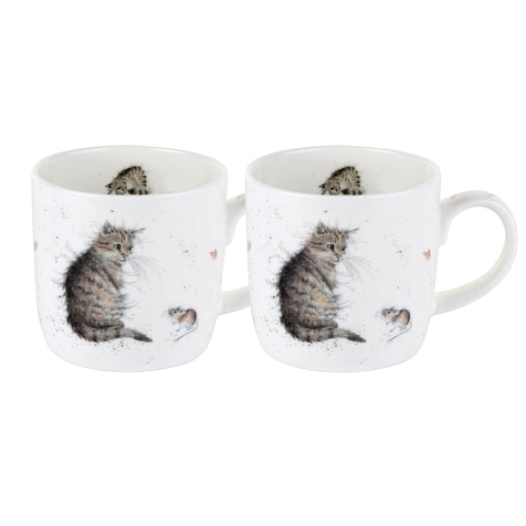 Royal Worcester Wrendale Designs Cat & A Mouse Mug Set of 2 – 11 Oz Bone China Coffee & Tea Cups with Whimsical Cat & Mouse Illustration, Comfortable Handle, Microwave & Dishwasher Safe