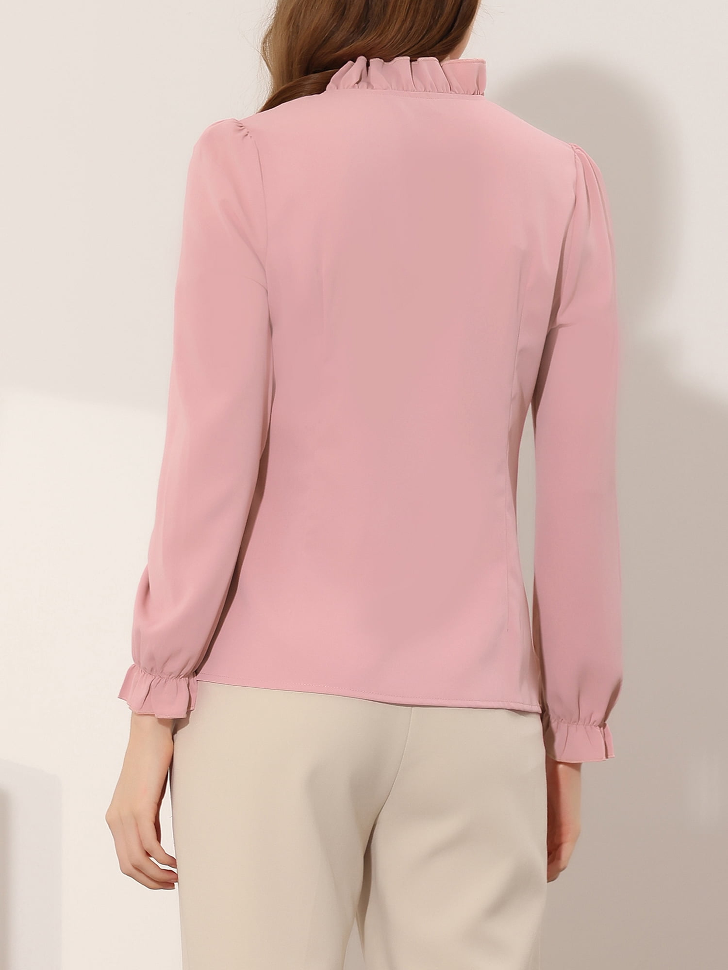 DARING DIVA Women's Spring Blouse Long Sleeve Ruffle Tie Neck Business Top S Pink