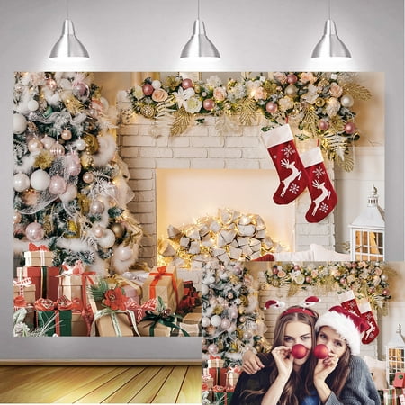 Image of 7x5FT Christmas Backdrop White Background Fireplace for Christmas Backdrops Photography White Brick Fireplace Christmas Tree Backgrounds for Family Portrait Photo Backdrop