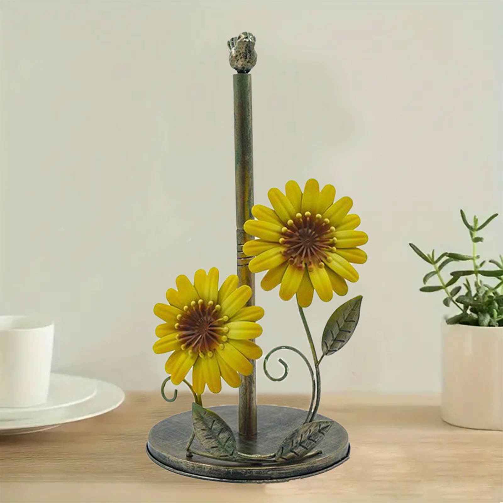EDHITNR Sunflower Kitchen Paper Towel Holder, Yellow Metal Paper Towel Dispenser for Kitchen Counter Decor, Sunflower Bird Tissue Roll Holder Wall Mount Home Decor Housewarming Gift
