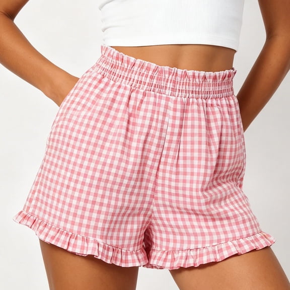 Cutuoiiu Women's High Waist Gingham Shorts Elastic Ruffled Waist with Ruffle Hem, Casual Summer Beach Shorts with Pockets