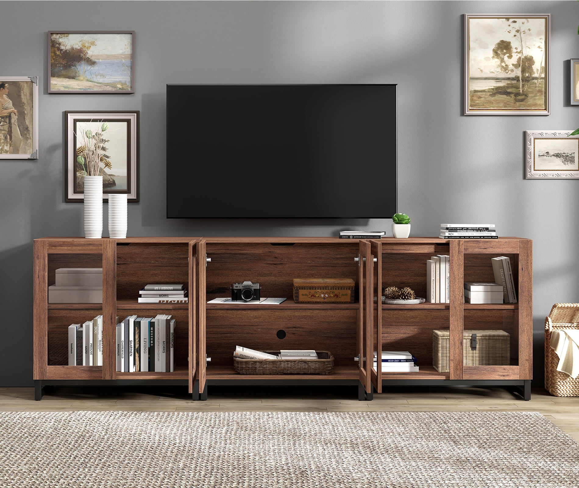 Modern Entertainment Center TV Console with Adjustable Shelves and Glass Doors, Home Media Furniture for 110 Inch TVs, Perfect for Living Room Use,Brown