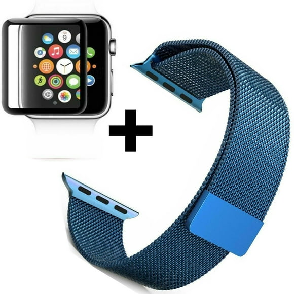 Apple Watch 42mm Band Stainless Steel Magnetic Loop Watch Band Screen Protector Milness Strap for iWatch SE Ultra Series 8 7 6 5 4 3 2 1 - Blue