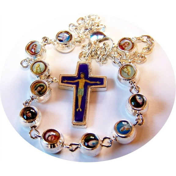Silver Tone Mother Mary with Child icon resined beads Rosary / Chaplet / Brac...