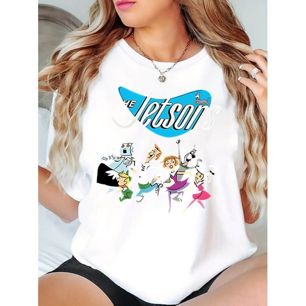Medium Stretch Knit Fabric Cotton Blend The Jetsons Graphic Print T-Shirt for Women, Casual Crew Neck Short Sleeve Tee, All-Season Comfort Top