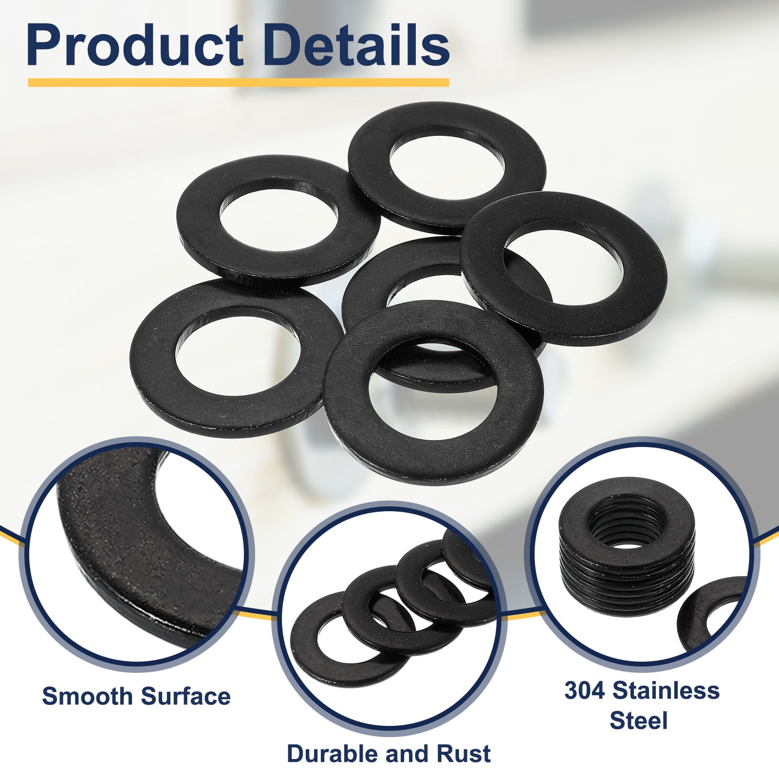 6 Pcs Flat Washer for Screws, Stainless Steel Washers 33mm ID x 60mm OD x 5mm Thick for Bolts, Factories Repair, Kitchens, Shops, Black