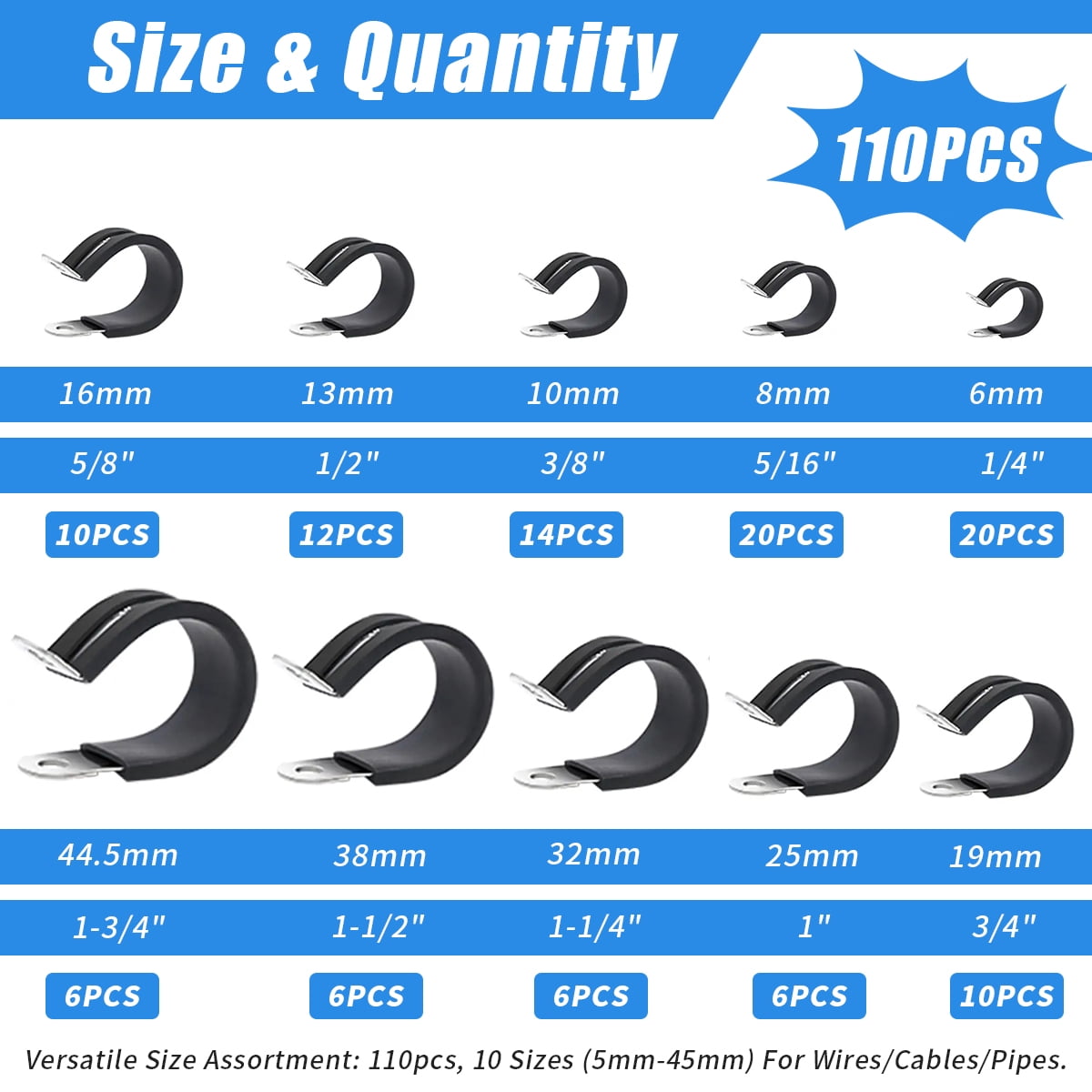 Cable Clamps Assortment Kit, 110PCS Stainless Steel Rubber Coated Cushioned Insulated Cable Clamp Automotive Wire Pipe Clamps