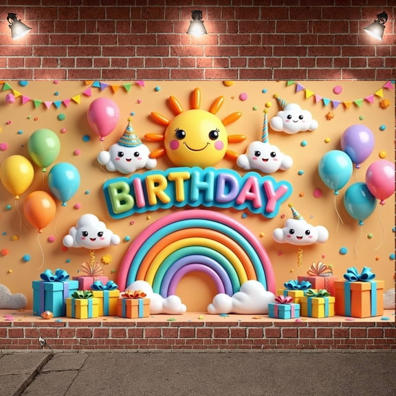 Colorful Birthday Banner Cartoon Party Display Rainbow Design Balloon Decorated Happy Backdrop for Kids Birthday Party Children Celebration Indoor Decoration
