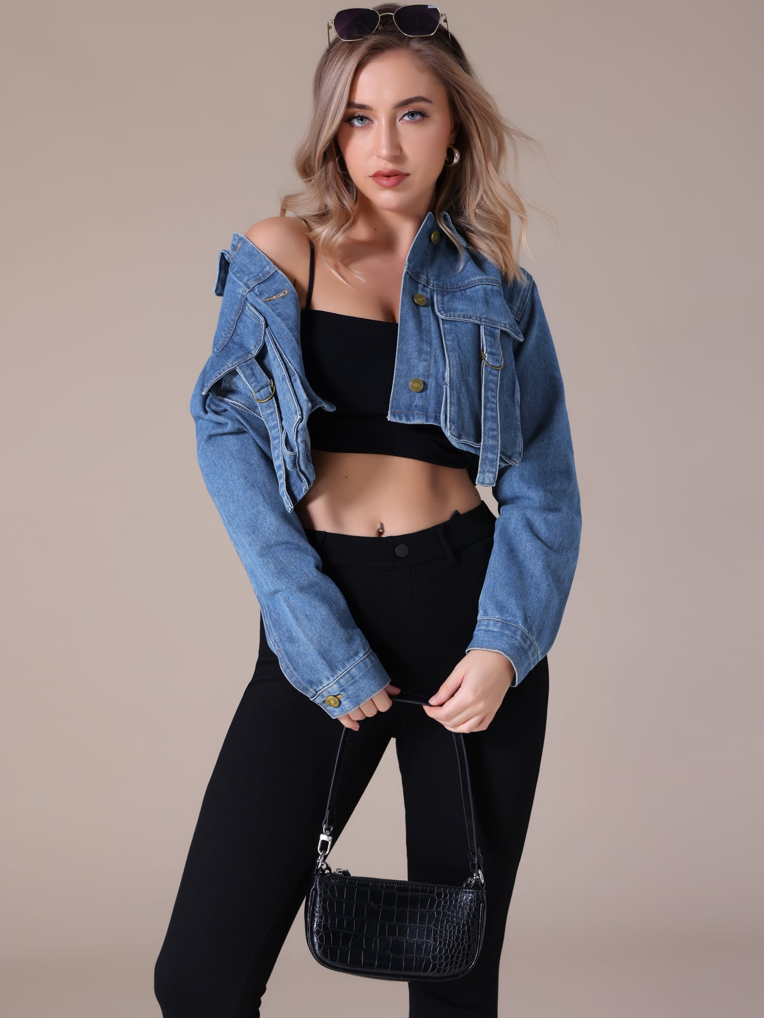Unique Bargains Women's Button Down Cargo Pockets Washed Jean Jackets S Blue