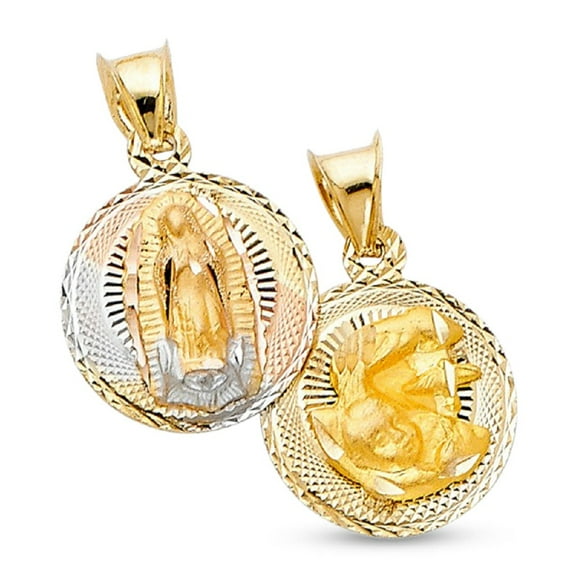 14k Tri Tone Gold Double Side Holy Baptism Lady Guadalupe Diamond Cut Pendant Genuine Religious Charm New 15 mm x 12 mm