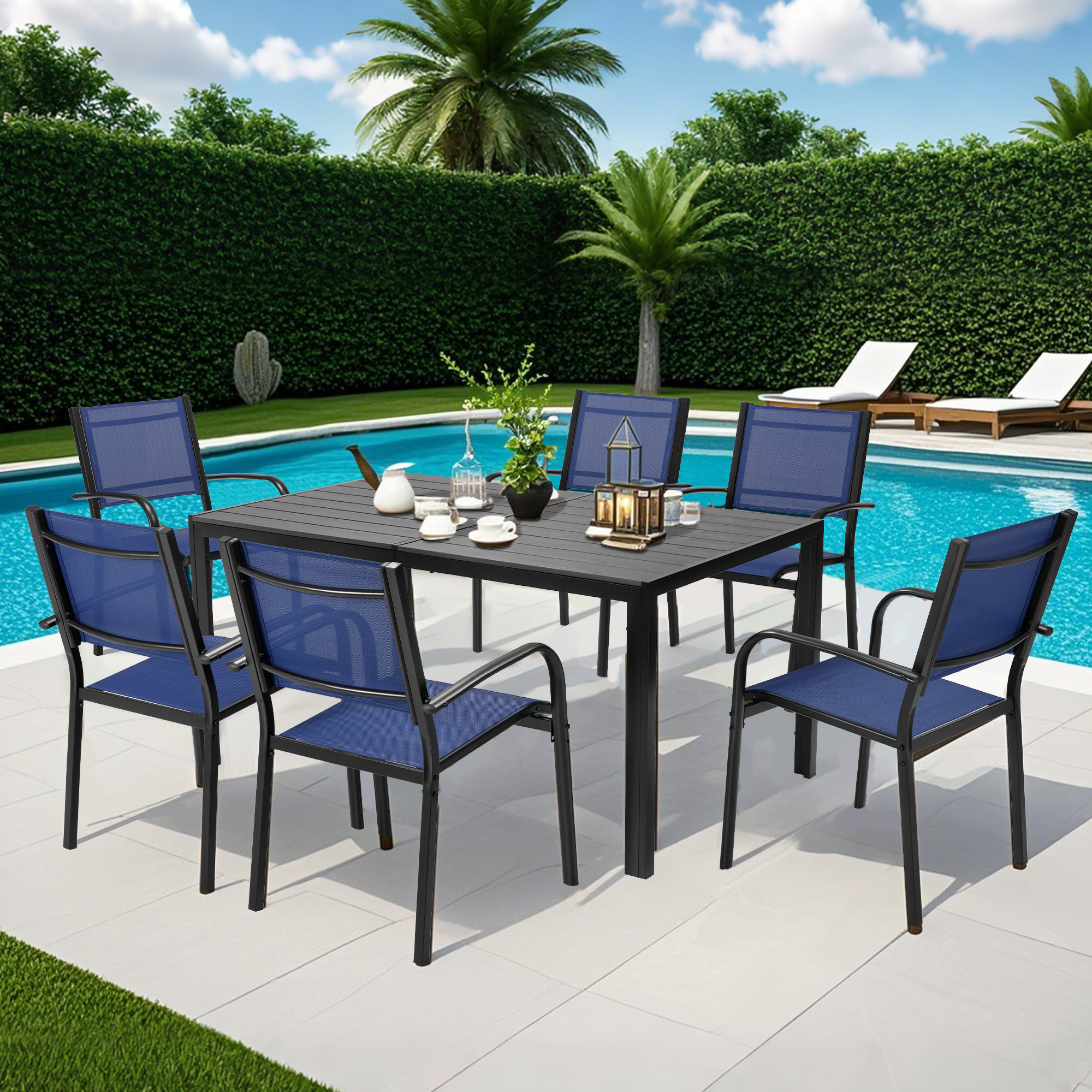 7-Piece Patio Dining Set – Outdoor Rattan Dining Set with 6 Textilene Chairs, Plastic Wood Grain Weather-Resistant Table and Chairs for Garden, Backyard & Poolside
