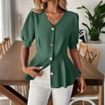 thumbnail image 6 of Ytndtr Women's Fashion Casual Solid Color V-Neck Buttoned puff sleeves Top, 6 of 7