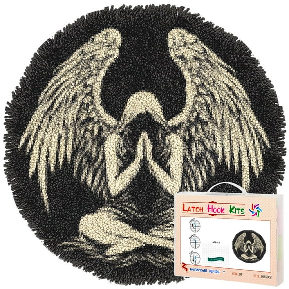 Latch Hook Rug Kit Praying Angel with Wing Stamped Handmade Round Shape Carpet Crochet Yarn Craft DIY Hook and Latch Door Mat Tapestry for Christmas Home Floor Decor 50x50cm(1)