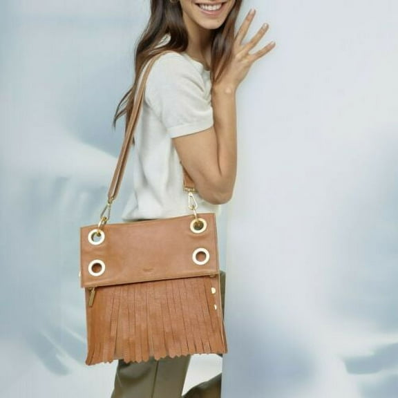 Hammitt MONTANA SADDLE BROWN Tan SUEDE Gold large Leather Reverse Bag Handbag NW