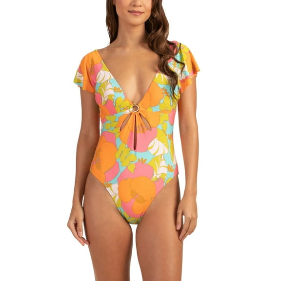 Trina Turk Women's Playa De Flor Keyhole Front Flutter Sleeves One-piece Swimsuit-Orange / 12