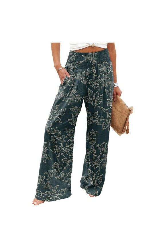 Palazzo Pants for Women Lounge High Waist Palazzo Pants Dressy Wide-Leg Cotton Linen Trouser Plus Size Loose Fit Floral Print Pants with Pocket Black XL