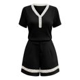 thumbnail image 5 of Likimi Two Piece Sets For Women Shorts Sleeve V Neck Solid Color Lace Top With Pocket High Waist Shorts Summer Fashion Comfort Outfit Set Black Size L, 5 of 5