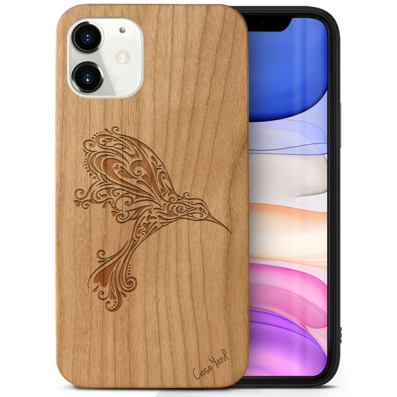 Case Yard Wooden Case Outside Soft TPU Silicone, Slim Fit Shockproof Wood Protective Phone Cover for Girls Boys Men and Women, Supports Wireless Charging Hummingbird Design case for iPhone-11
