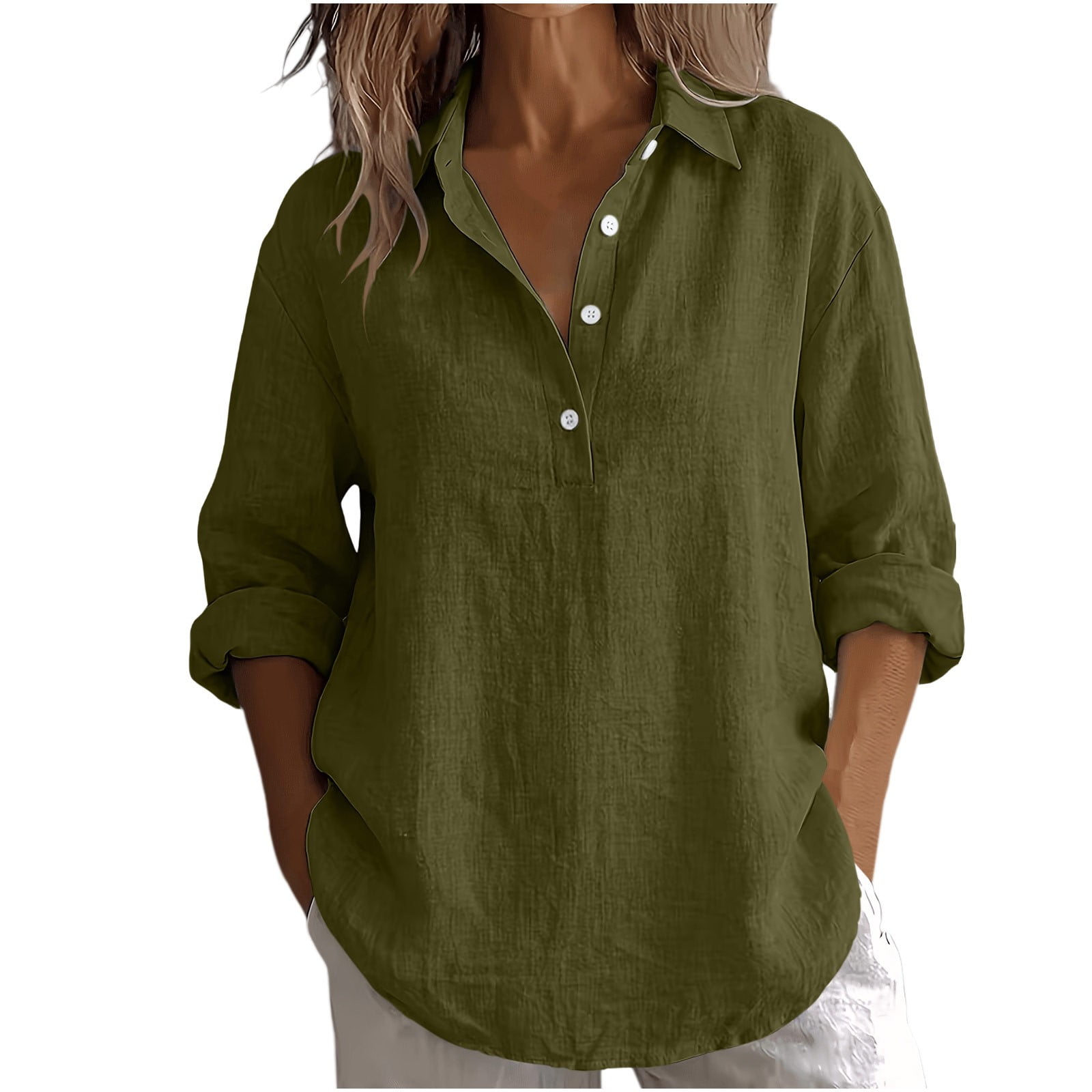QSAWXQZ Women Cotton Linen Blouse Long Sleeve Collared Button Casual Loose Summer Tunic Shirt L